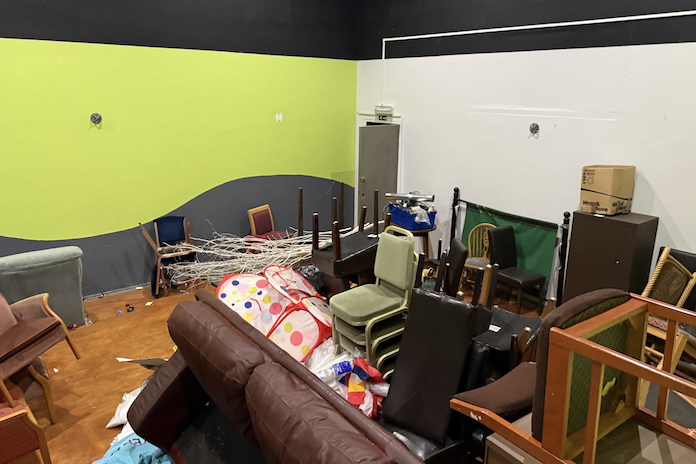The Old Squash Court currently being cleared of old chairs and redundant gym equipment.